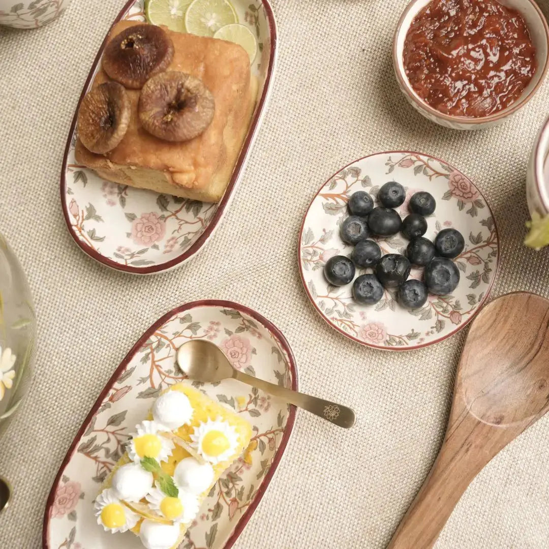 Handcrafted Stoneware Serving Tray - Oval, Peony Motif