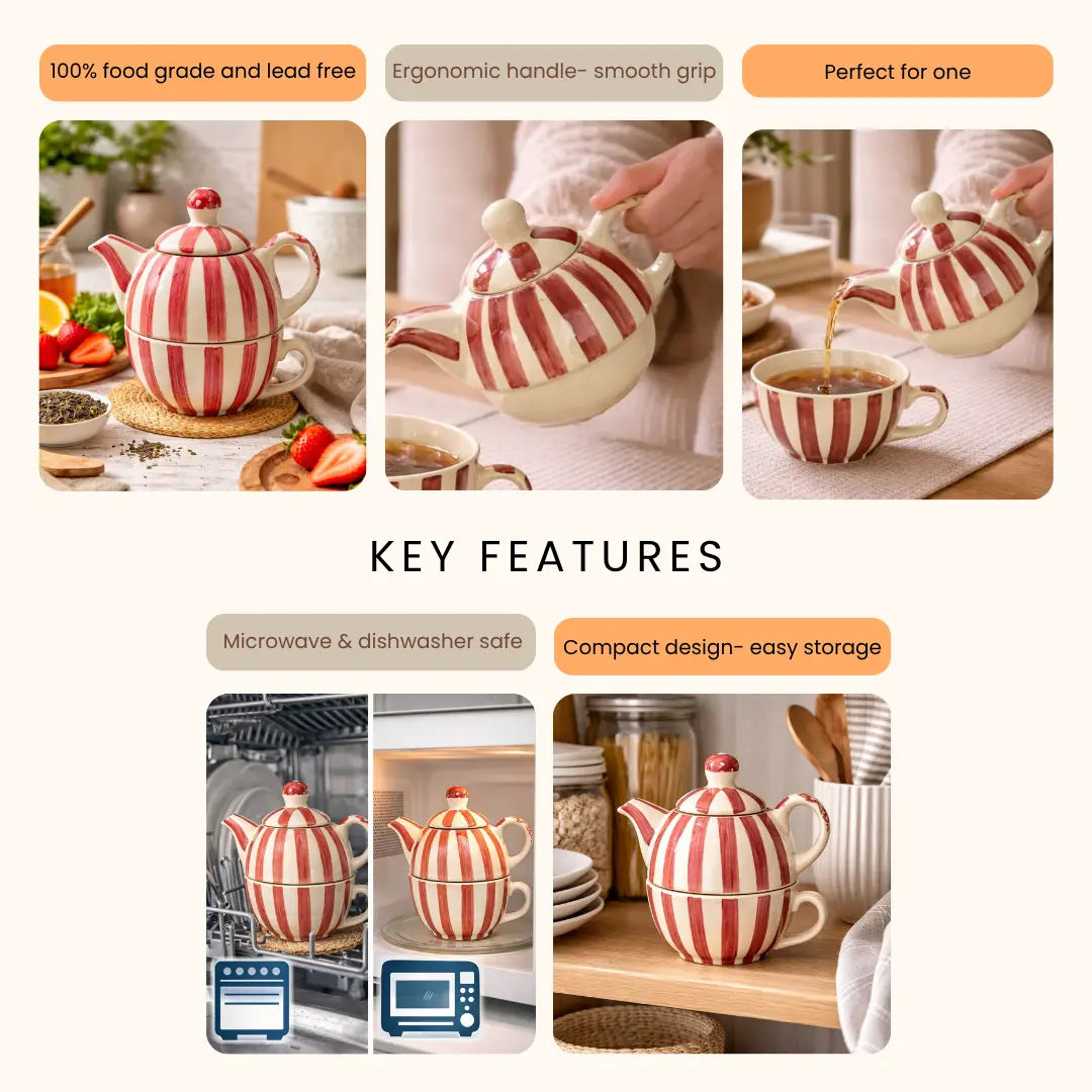 Handmade Stoneware Mugs With Tea Pot - Striped, Coral Pink & White