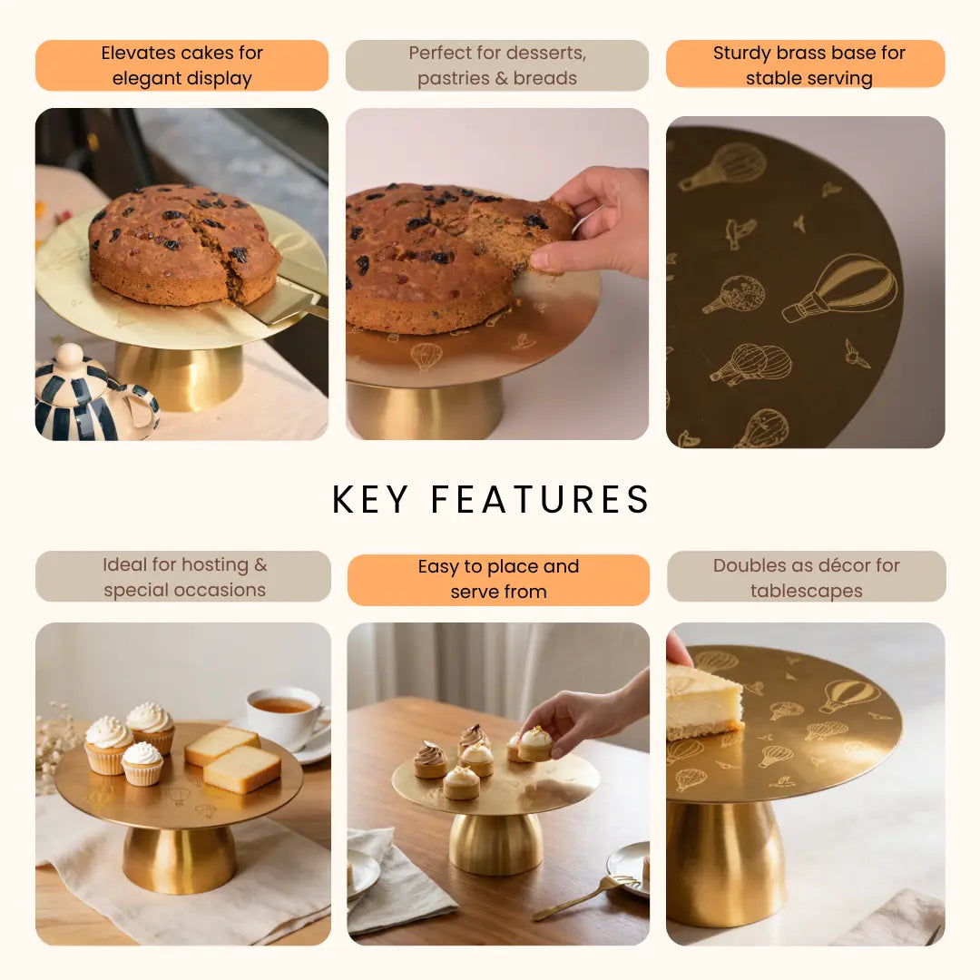 Pure Brass Cake Stand - Laser-Etched Hot Air Balloon Design