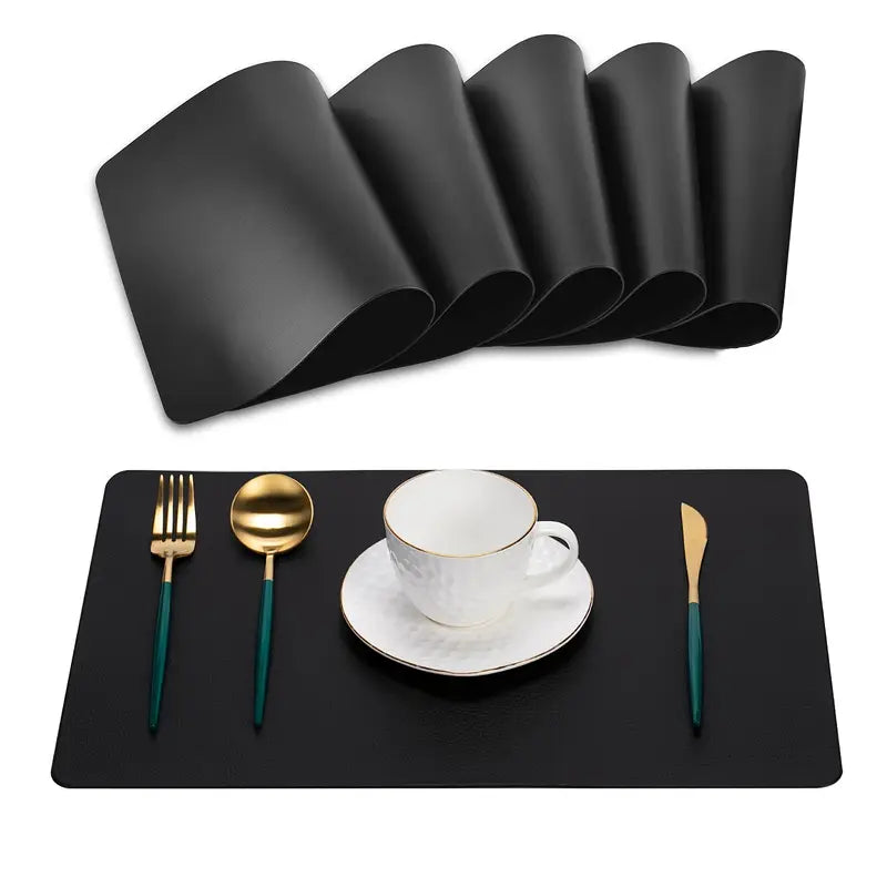 6pcs Set of Black Round and Oval Faux Leather Table Mats