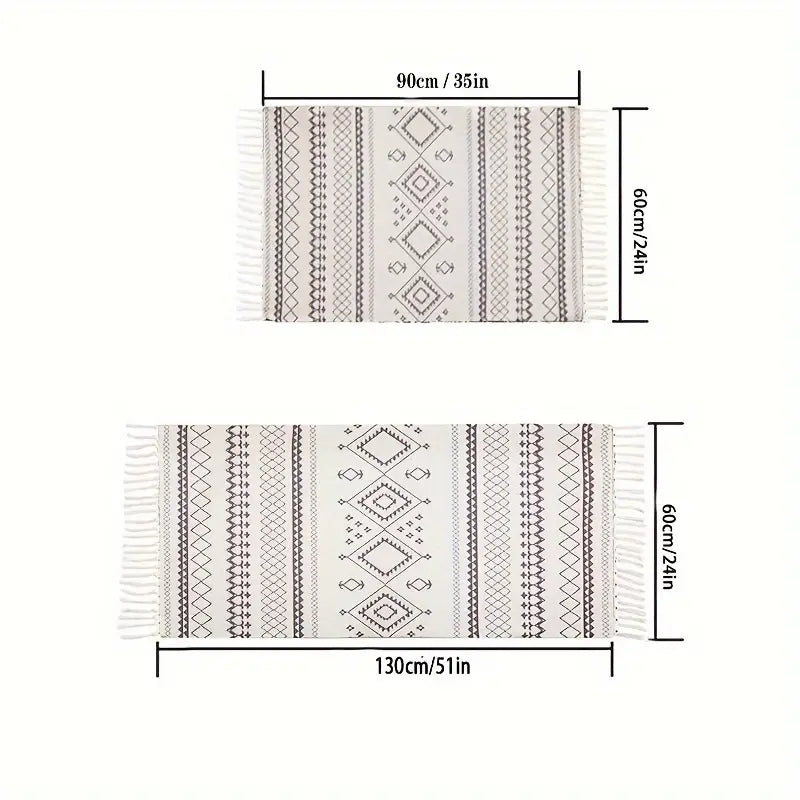 Bohemian Geometric Handwoven Area Rug - 1pc Washable Runner with Tassels