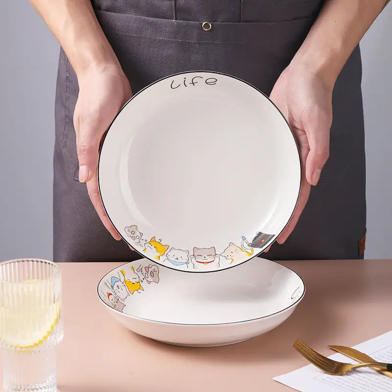 8" Ceramic Pasta Bowls - Cat Design, Dishwasher Safe (4-Pack)