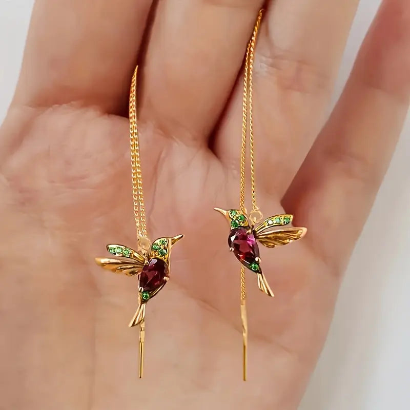 Hummingbird Tassel Drop Earrings with Synthetic Emerald