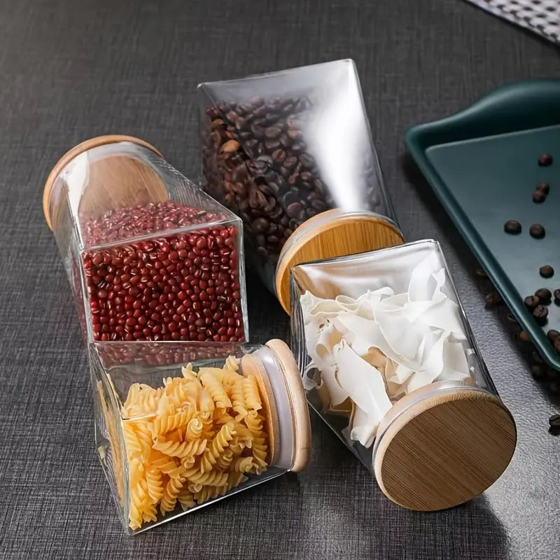 Glass Storage Jar Set - Airtight Food Canisters with Wooden Lids