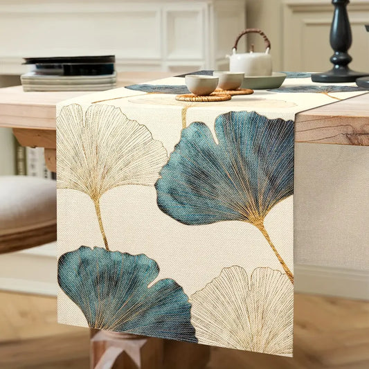 1pc Blue Green Golden Ginkgo Leaf Pattern Table Runner