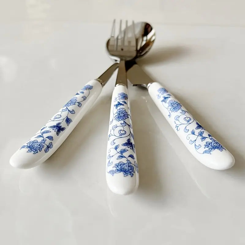 Floral Ceramic Handle Knife Set - Stainless Steel Kitchen Cutlery