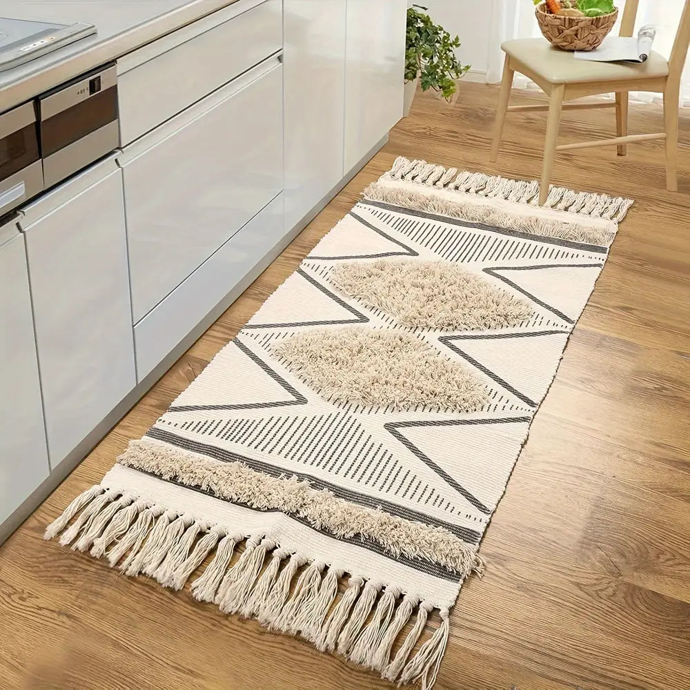 Tapis de bain bohème géométrique, tapis lavable en velours avec pompons