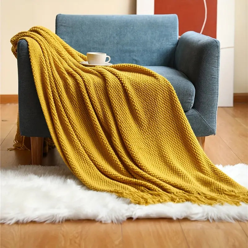 Knitted Throw Blanket with Tassels - Lightweight Bubble Texture