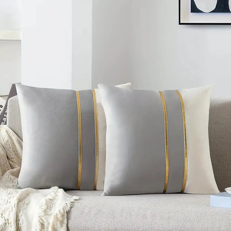 Lot de 2 housses de coussin en velours et cuir doré – Housses de coussin de luxe pour canapé et chambre