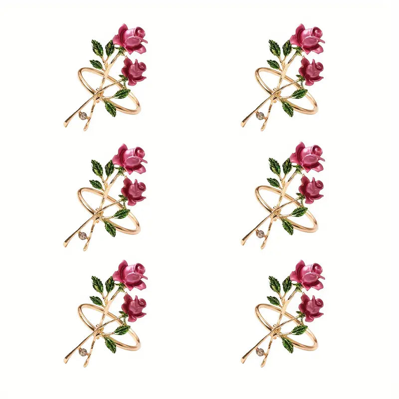 6 gouden metalen rozen servetringen, elegant bloemmotief