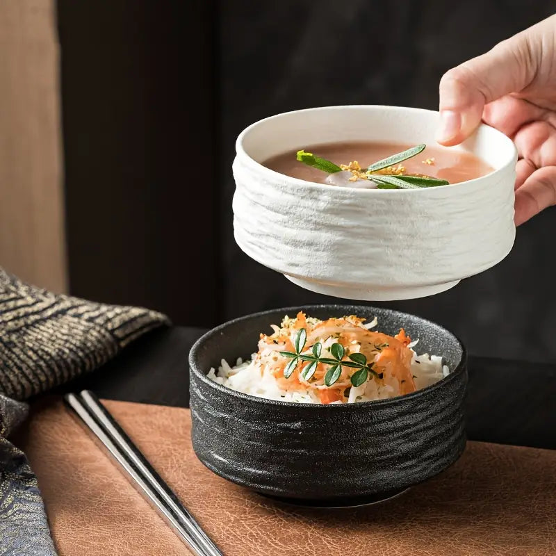 Ceramic Bowls Set of 2 - Textured Porcelain Bowls- Black and White