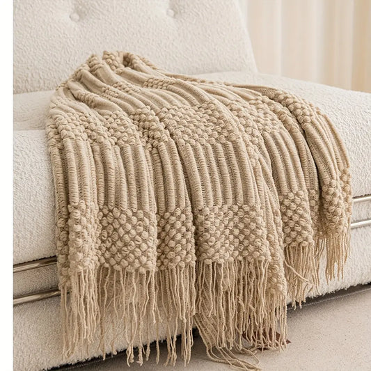 Vintage Khaki Tassel Throw Blanket Geometric-Pattern