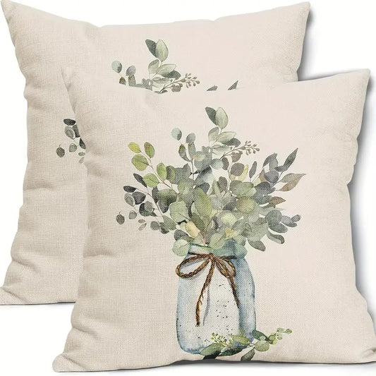 Lot de 2 housses de coussin en feuilles d'eucalyptus vertes – Décoration de style campagnard aquarelle pour canapé et chambre