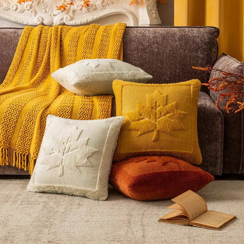 Maple Leaf Pillow Covers - Fall Decor - Soft Plush - Ginger Yellow