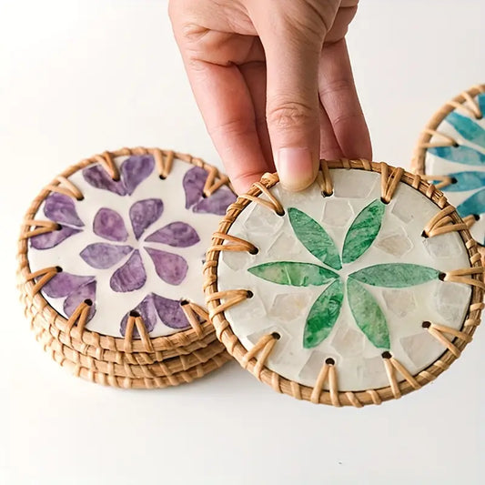 3pcs Set Handcrafted Ceramic Coasters with Rattan Weave