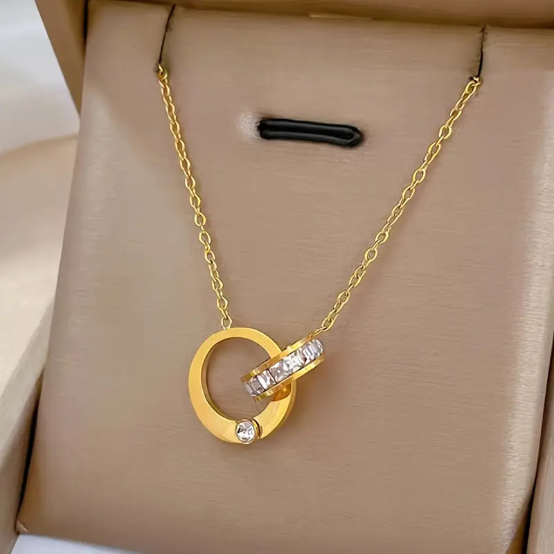 18K Gold Zircon Pendant Necklace - Stainless Steel Crystal