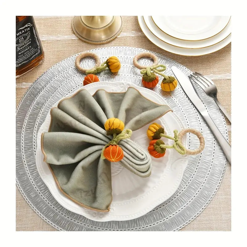 Pumpkin Napkin Rings 6-Pack - Wooden Floral Thanksgiving Dinner Decor