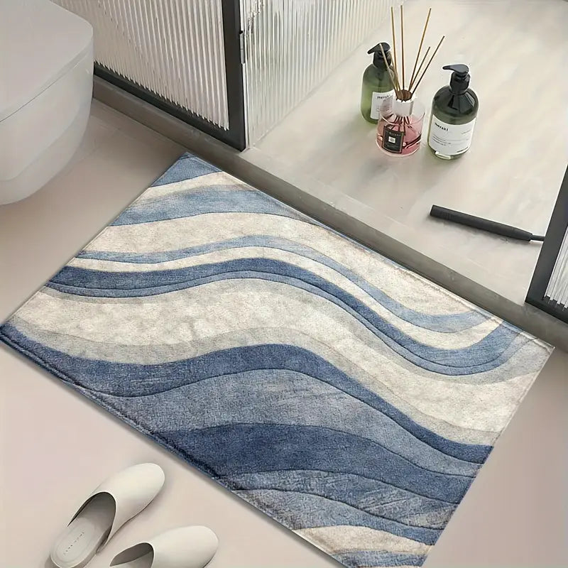 Blue & White Bath Rug - Non-Slip Microfiber, Quick Dry, Machine Washable
