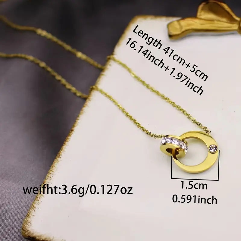 18K Gold Zircon Pendant Necklace - Stainless Steel Crystal