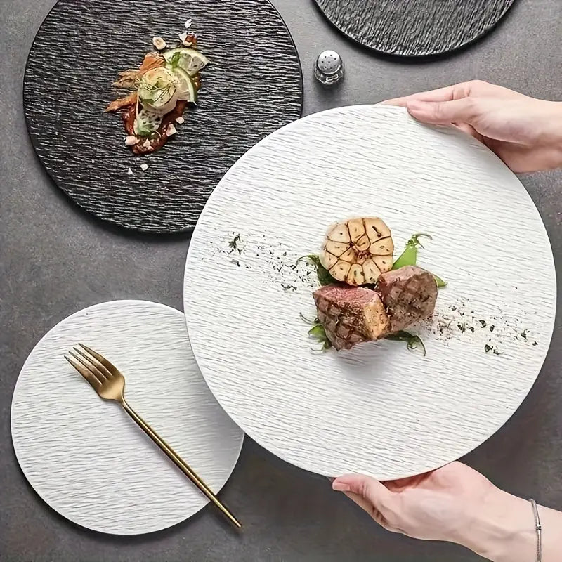 Ceramic Steak Plate – Textured White Dinner Platter for Home or Hotel Use