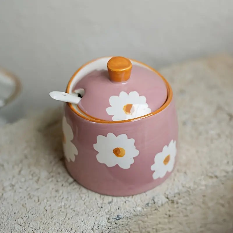 Floral Ceramic Spice Jar - Vintage Seasoning Container with Lid and Spoon
