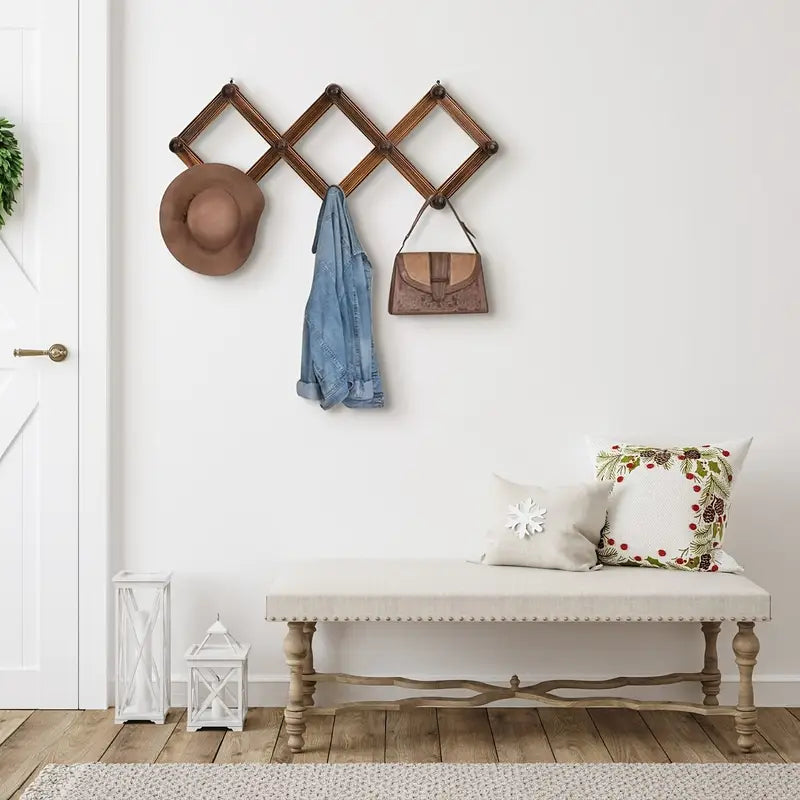 Wall Mounted Coat Rack - Wooden Entryway Organizer 10 Hooks