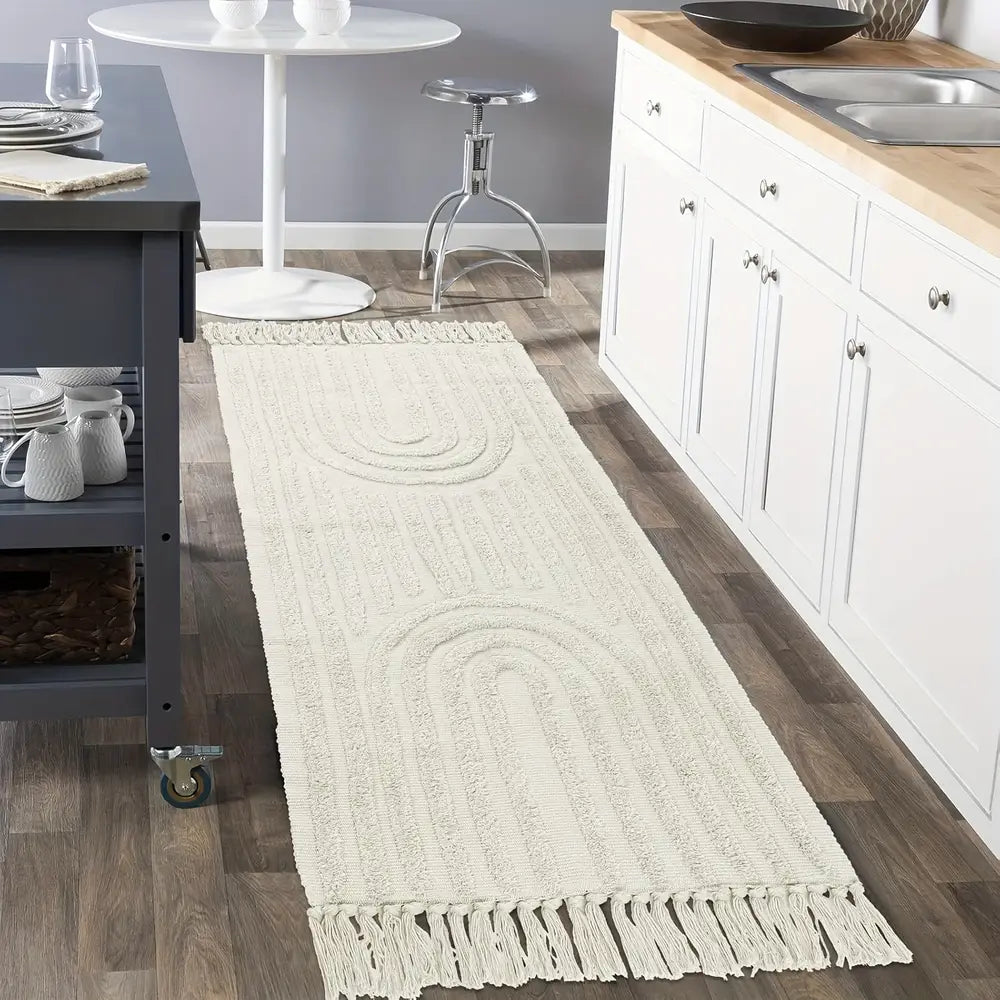 Tapis bohème à motif arc-en-ciel avec pompons - Lavable en machine