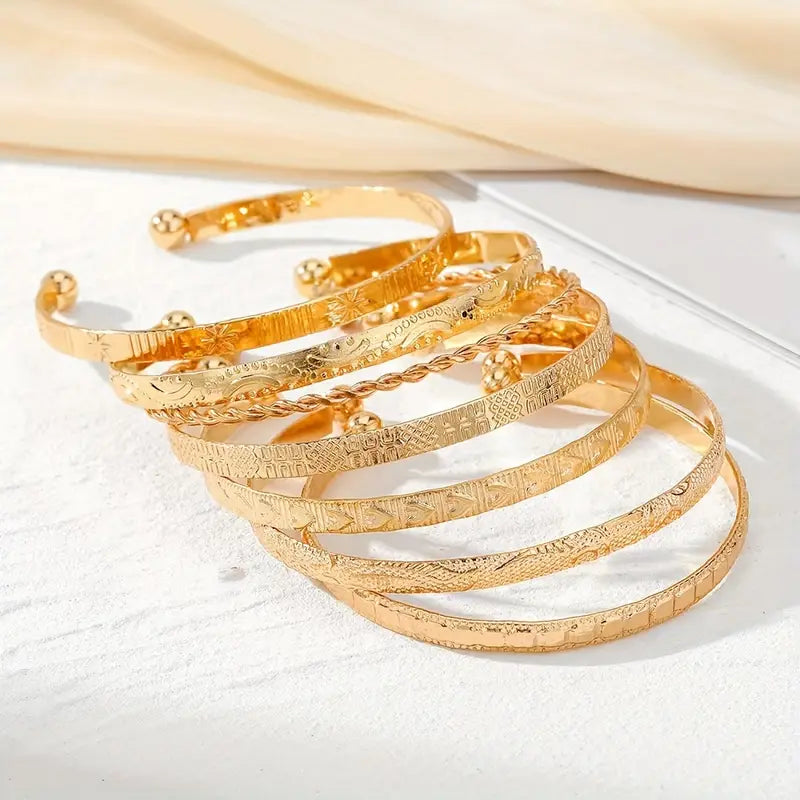 7pcs Vintage Open Cuff Bracelet Set – Geometric & Arrow Pattern Adjustable Bangles