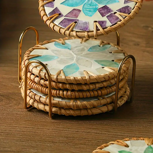 5-Piece Handcrafted Vietnamese Rattan Coasters Set with Colorful Shell Inlay