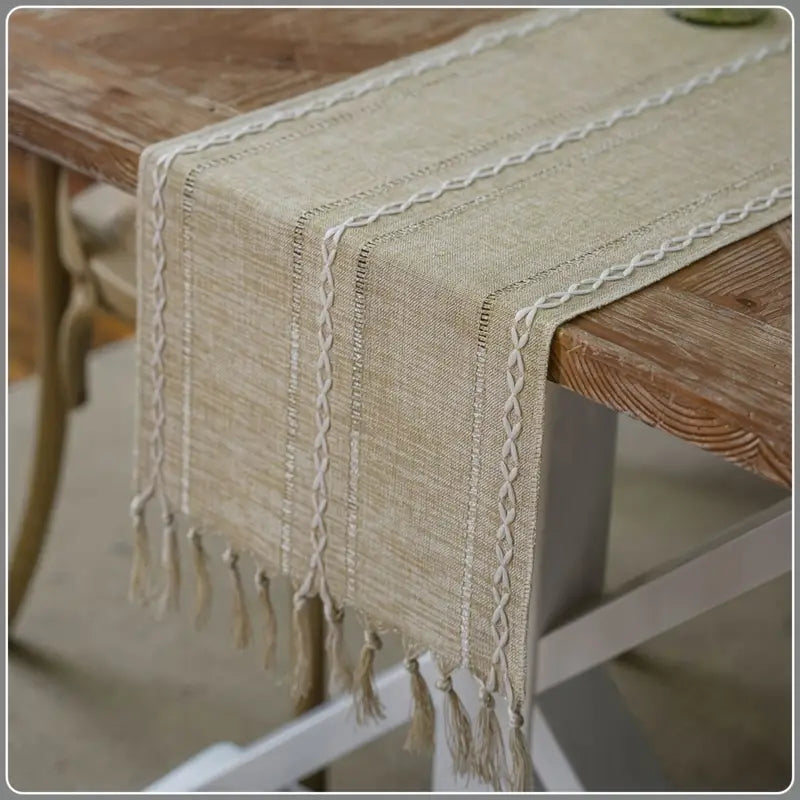 Rustic Boho Farmhouse Table Runner – Linen with Tassels, Handmade Embroidery