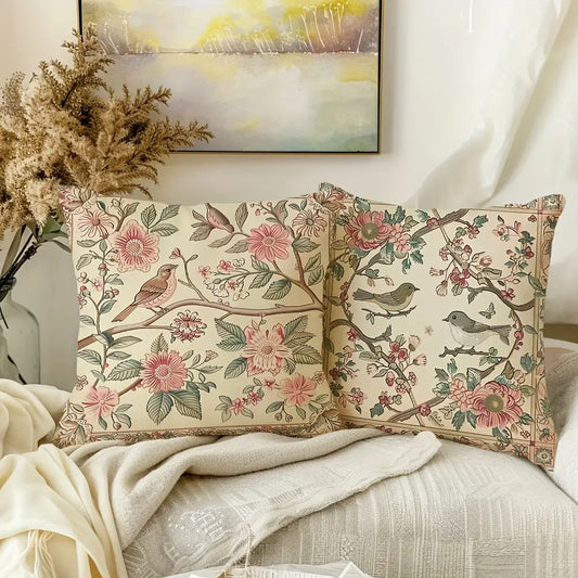Lot de 2 housses de coussin décoratives à motifs de fleurs et d'oiseaux, 45,72 x 45,72 cm