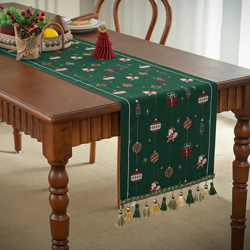 Christmas Table Runner Rustic Tassel Festive Holiday Decor