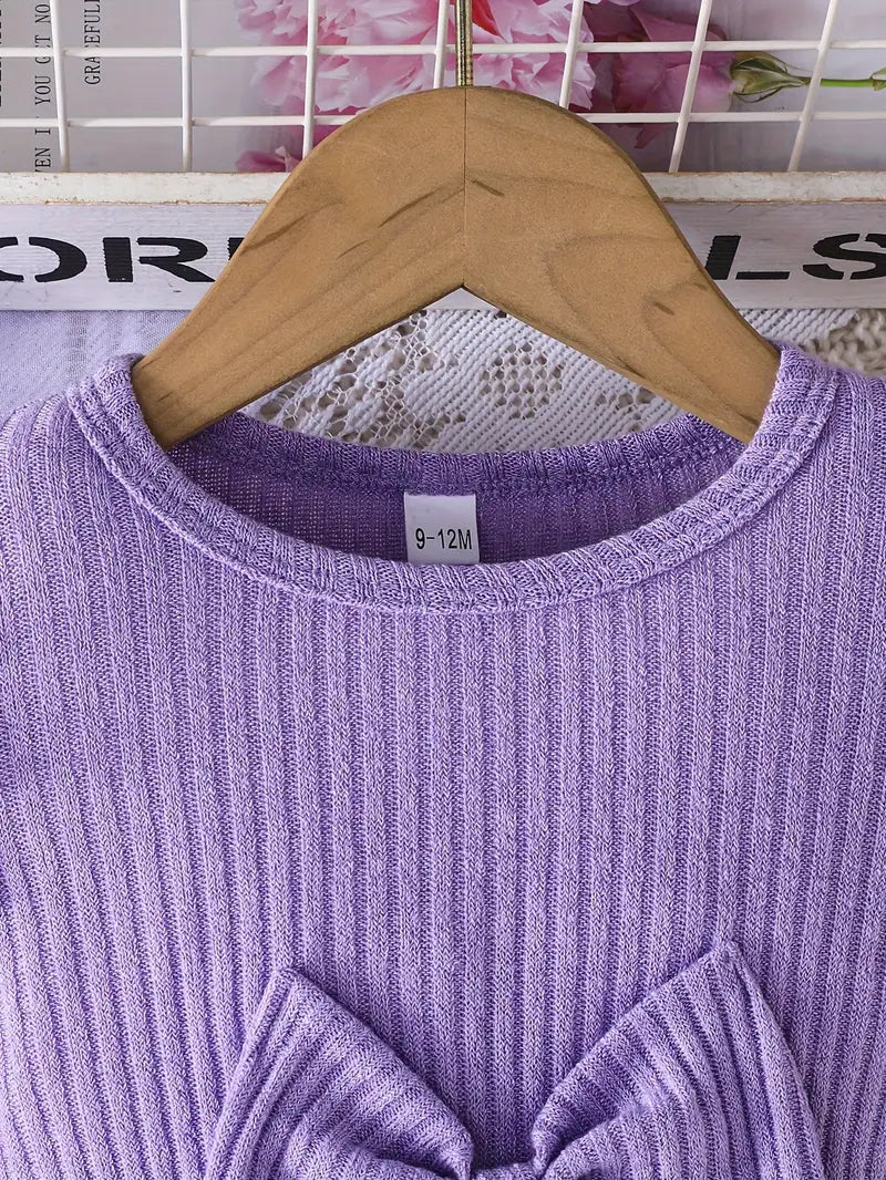 Robe violette à manches longues pour bébé fille | Jupe fleurie et nœud papillon à la taille – Tenue automne-printemps