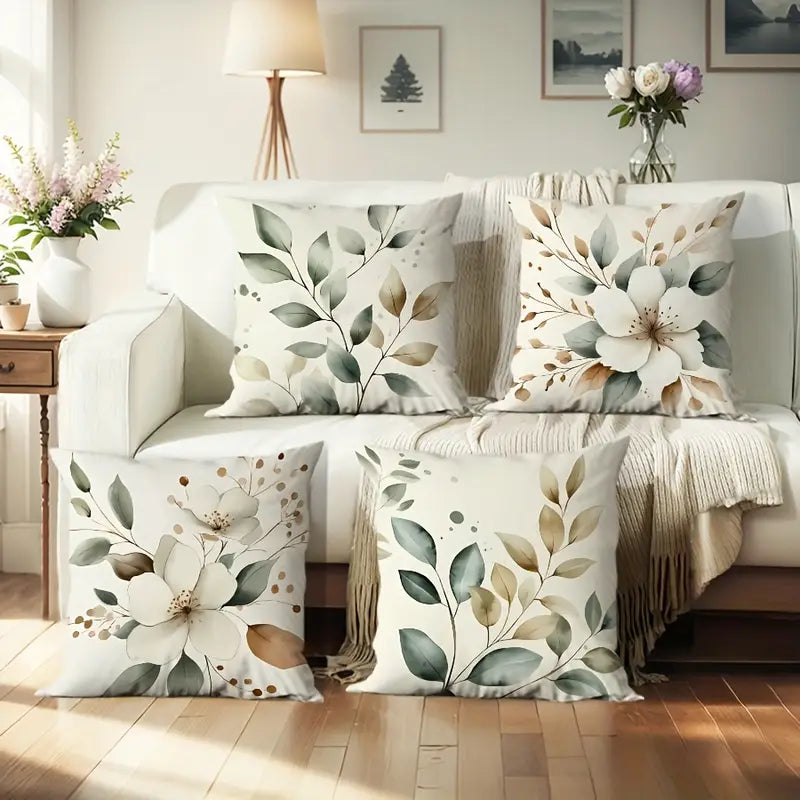 4PCS Spring Nature Leaf Pillow Covers – Machine Washable Cushion Cases for Home & Living Room