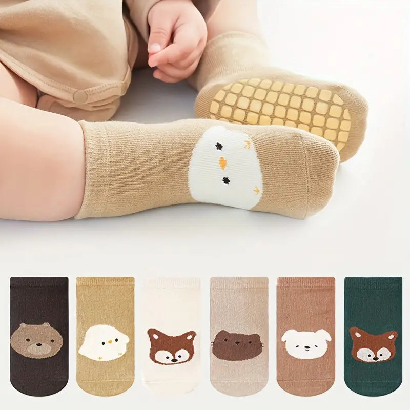 6 Pairs Non-Slip Toddler Floor Socks | Cute Cotton Anti-Skid Socks for Boys & Girls