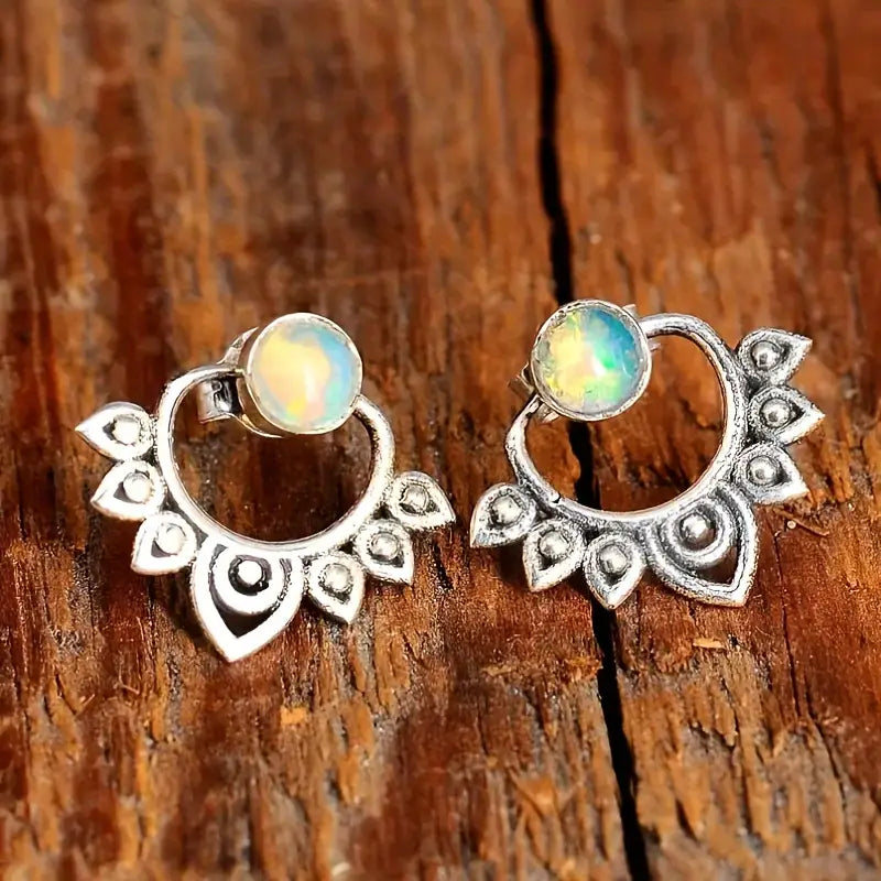 Lotus Stud Earrings Retro Bohemian Style with Gemstones