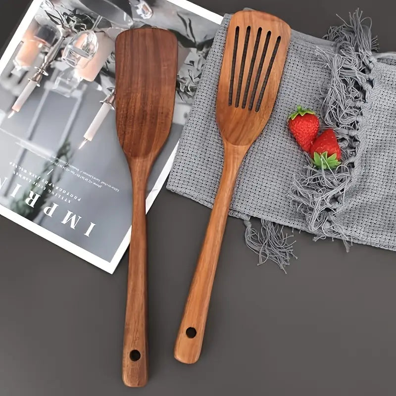 2pcs Wooden Flat and Slotted Spatula Set