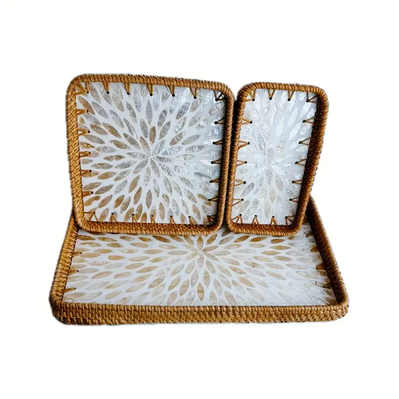 Shell Inlay Rattan Tray Set - Square Bamboo Serving Trays (3 Sizes)