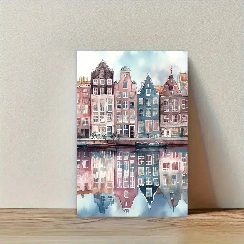 Canvas aquarel Amsterdams stadsgezicht – levendige Europese wandkunst voor thuis en op kantoor