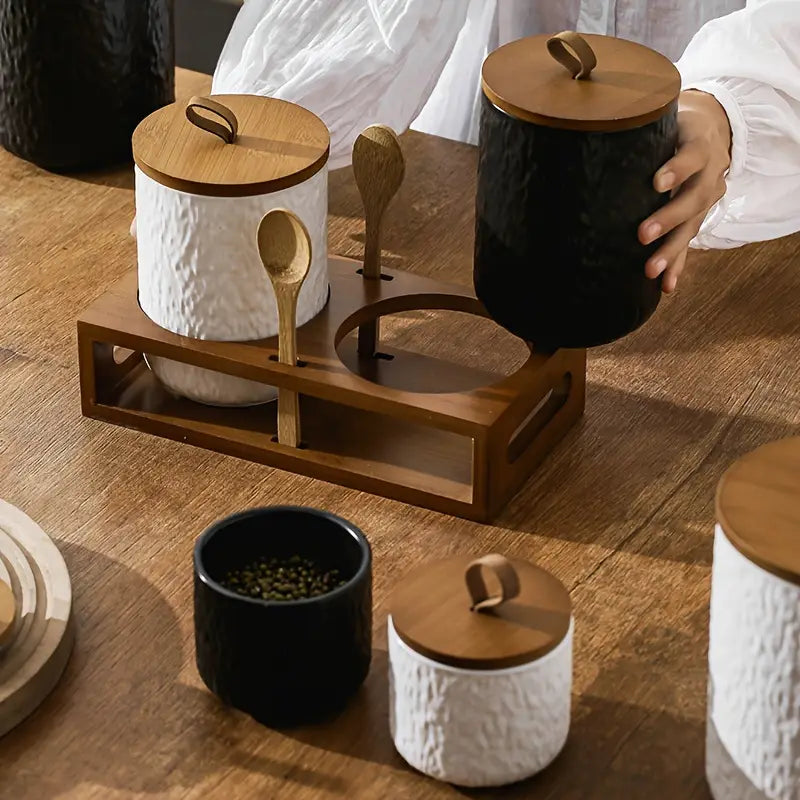 1PC Ceramic Storage Jar – Rock Pattern with Bamboo Lid – Kitchen Organizer