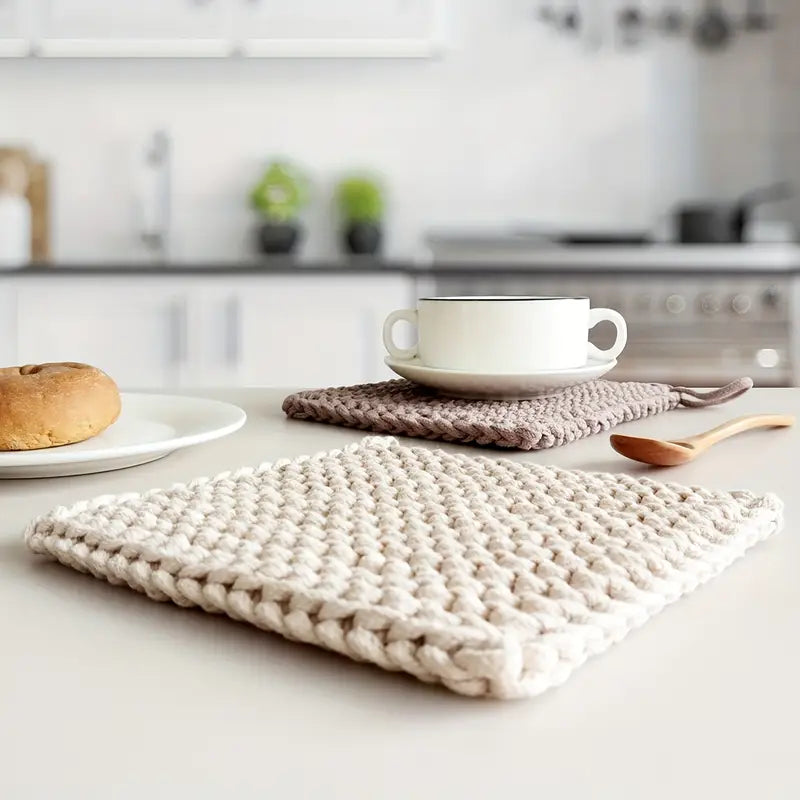 Handmade Woven Coasters - Crochet Bowl and Plate Mats - Khaki Set