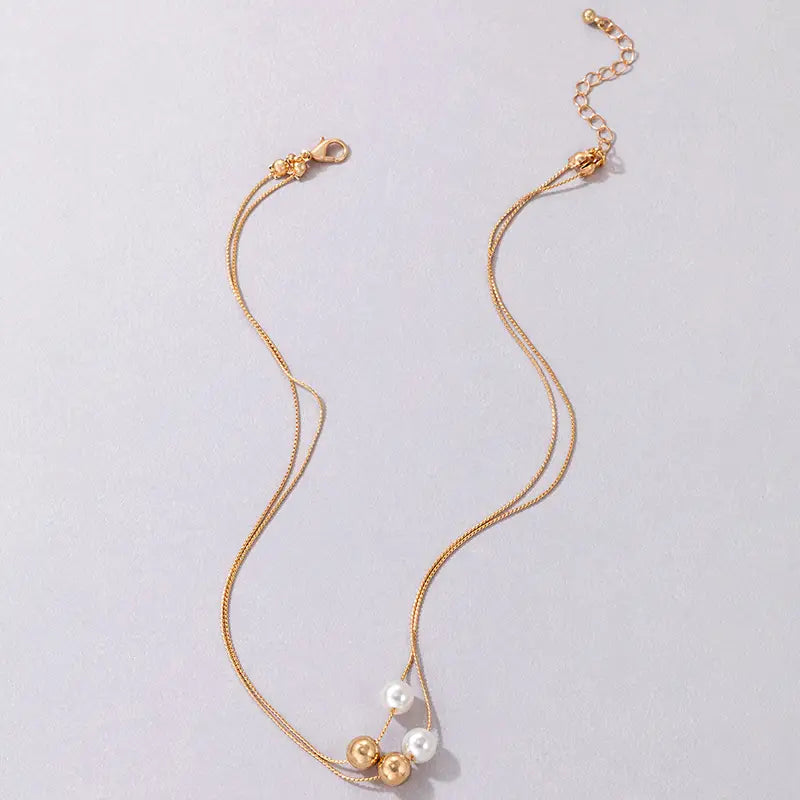 Geometric Pearl Beaded Double-Layer Necklace – Fine Alloy Clavicle Chain for Women