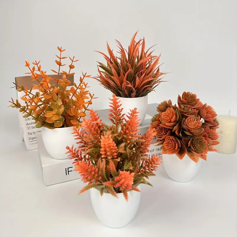 Mini Artificial Plants Set - Fall Decor White Pots