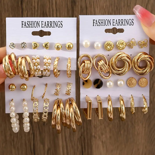 Women's Fashion Jewelry Set, Geometric C-shaped Earrings And Round Stud Earrings