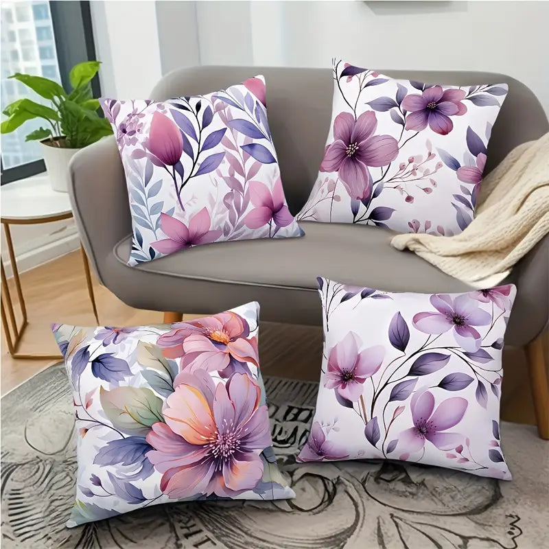 Lot de 4 housses de coussin vintage à motif floral violet – Imprimé recto verso, lavables en machine (45 x 45 cm)