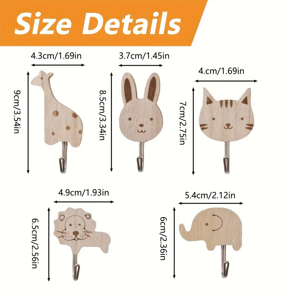 5pcs Wooden Animal Wall Hook Set, Cat, Lion, Rabbit, Giraffe, Elephant Shape Hooks