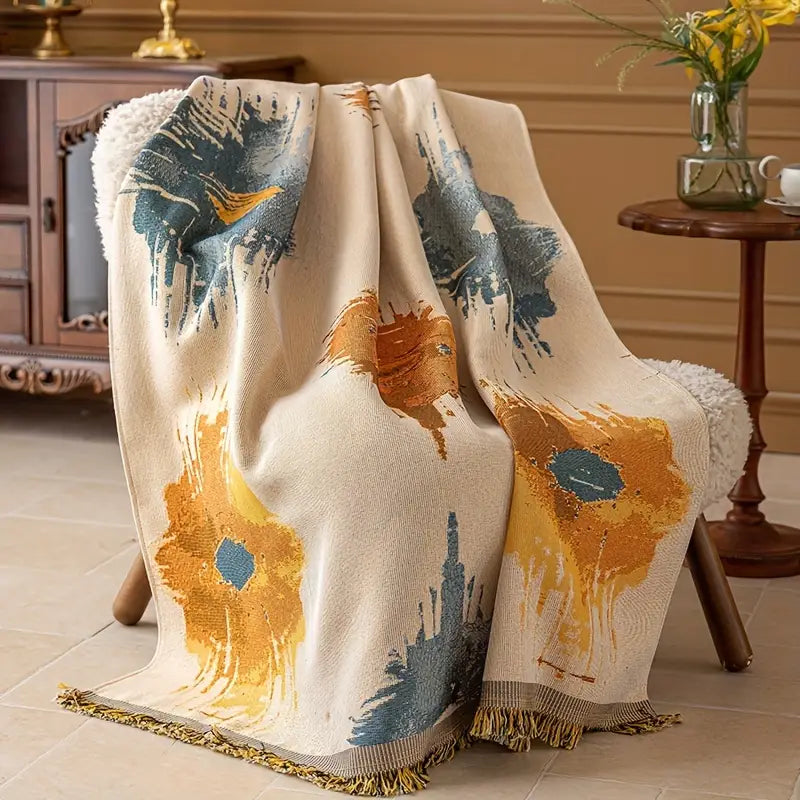 Contemporary Jacquard Woven Throw Blanket with Fringe, Polyester, All-Season Multipurpose