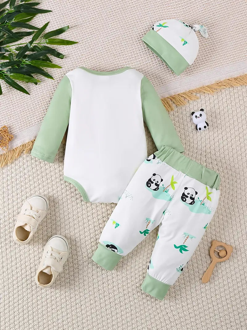 Panda Print Baby Outfit | Spring & Autumn 3-Piece Set with Hat & Pants