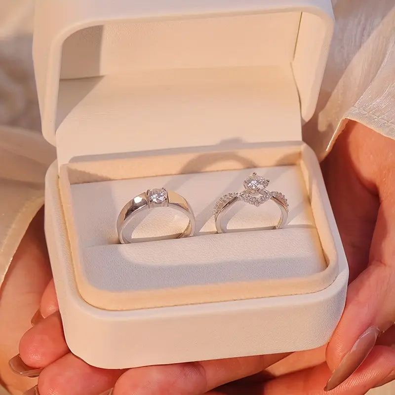 Cubic Zirconia Wedding Ring Set - Adjustable Copper Rings