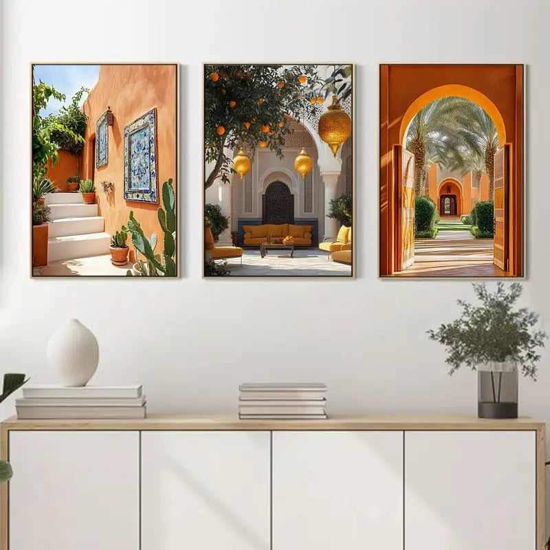 3 stuks moderne oranje botanische en architectuur canvas prints - oningelijste wandkunst voor thuis en kantoor